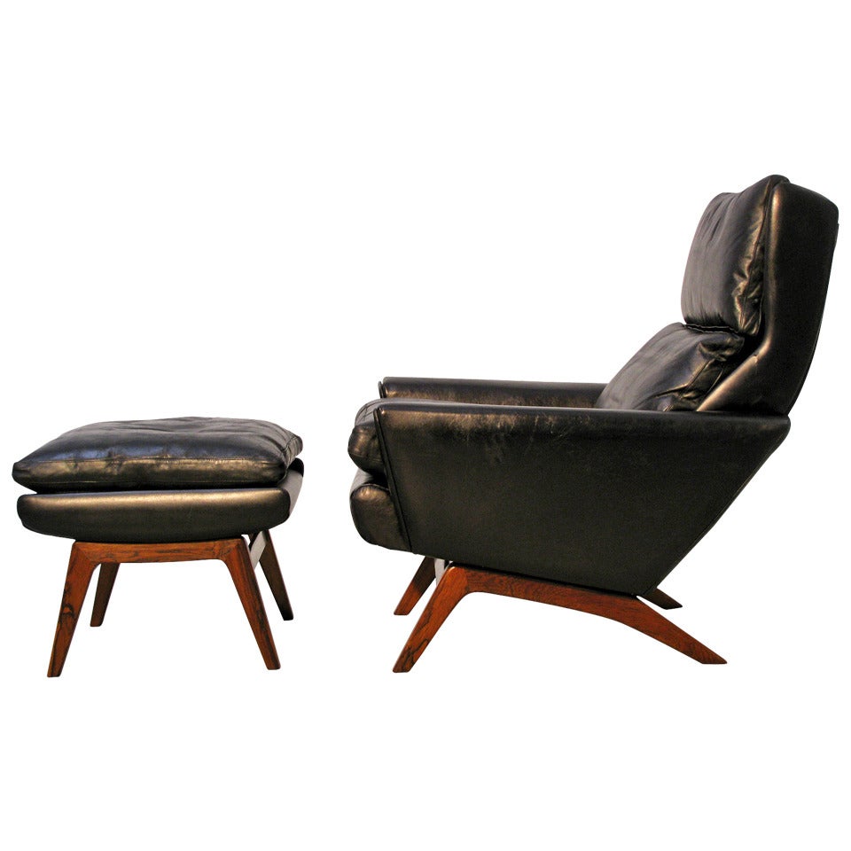 Gustav Thams Leather and Rosewood Lounge Chair and Ottoman