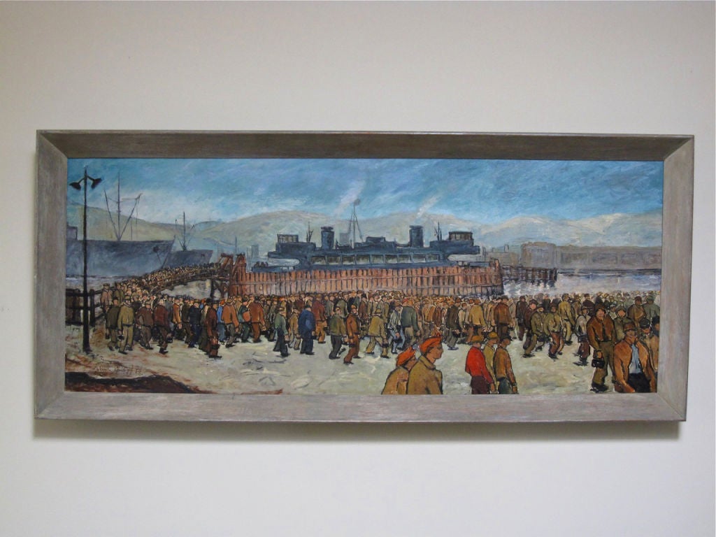 A large framed oil on canvas depicting shipbuilders along San Francisco's historical waterfront during the WPA period, artist Werner Philipp a German painter, muralist. Born in Breslau, Germany on March 20, 1897. Philipp studied at the Academy of
