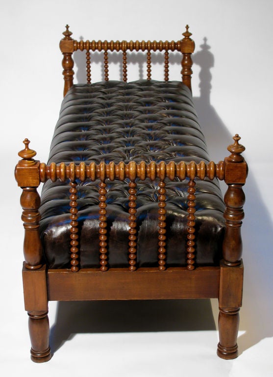 19th Century A French Tufted Leather & Walnut Daybed/ Bench