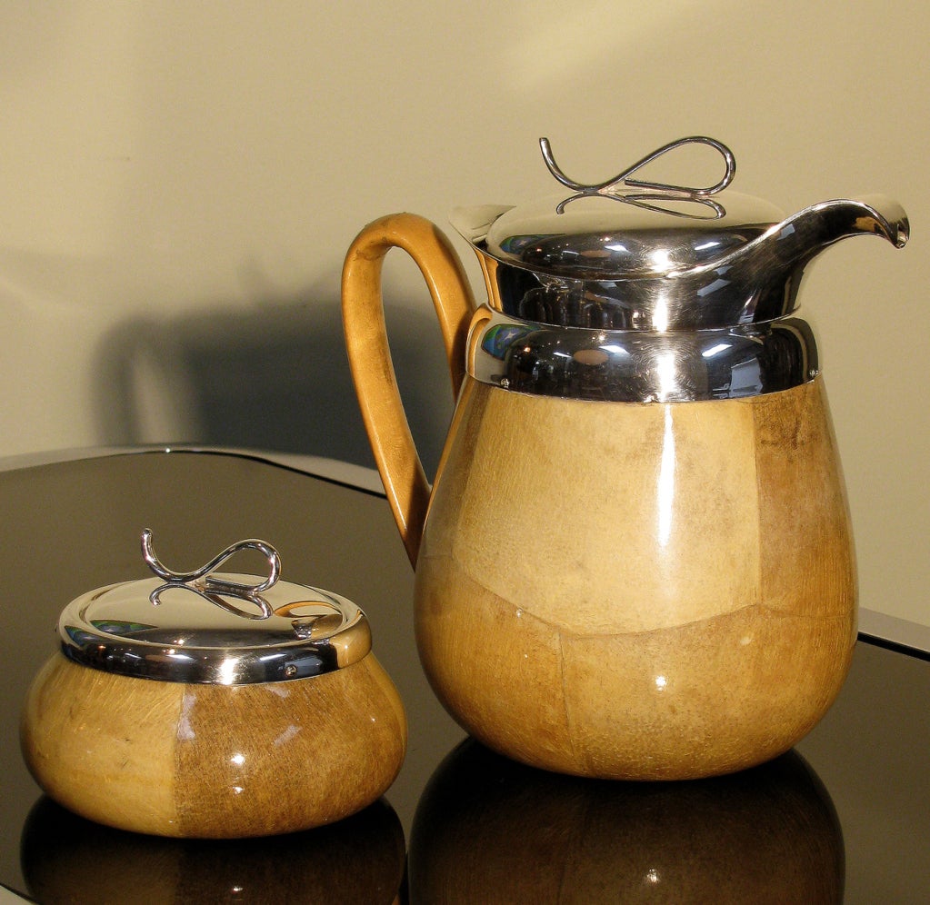 Italian Aldo Tura Carafe and Covered Bowl Set For Sale