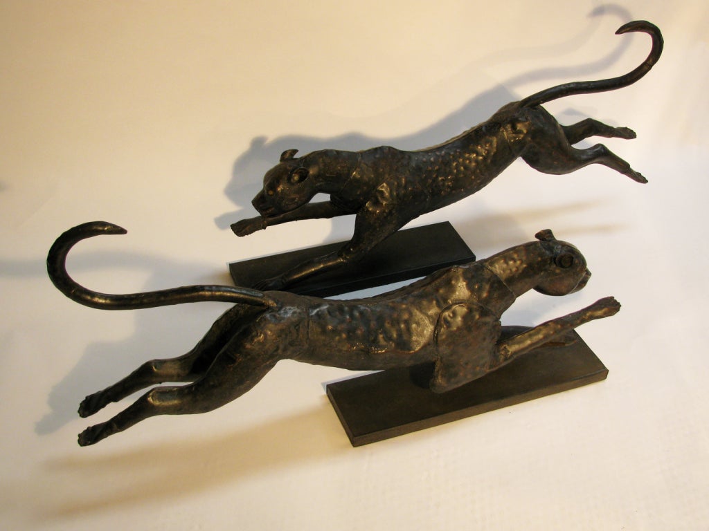 Mid-20th Century A Pair of Metal Running Cheetah Sculptures