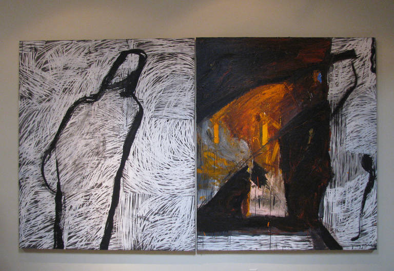 A large-scale diptych abstract oil on canvas paintings by artist Young June Lew, born in Seoul, Korea in 1947. Signed lower right.