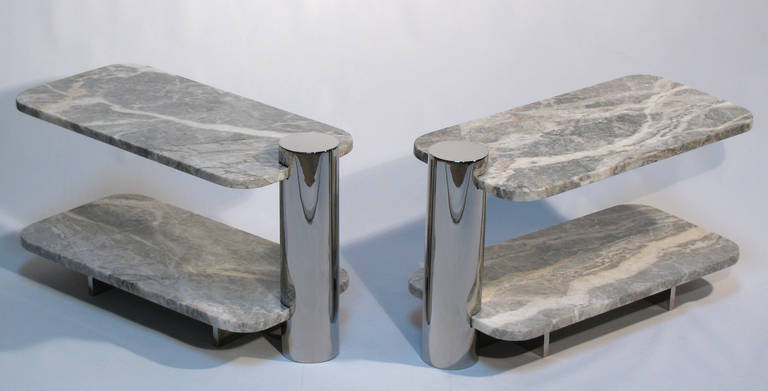 American Cantilevered Marble and Polished Steel Side Tables by Brueton