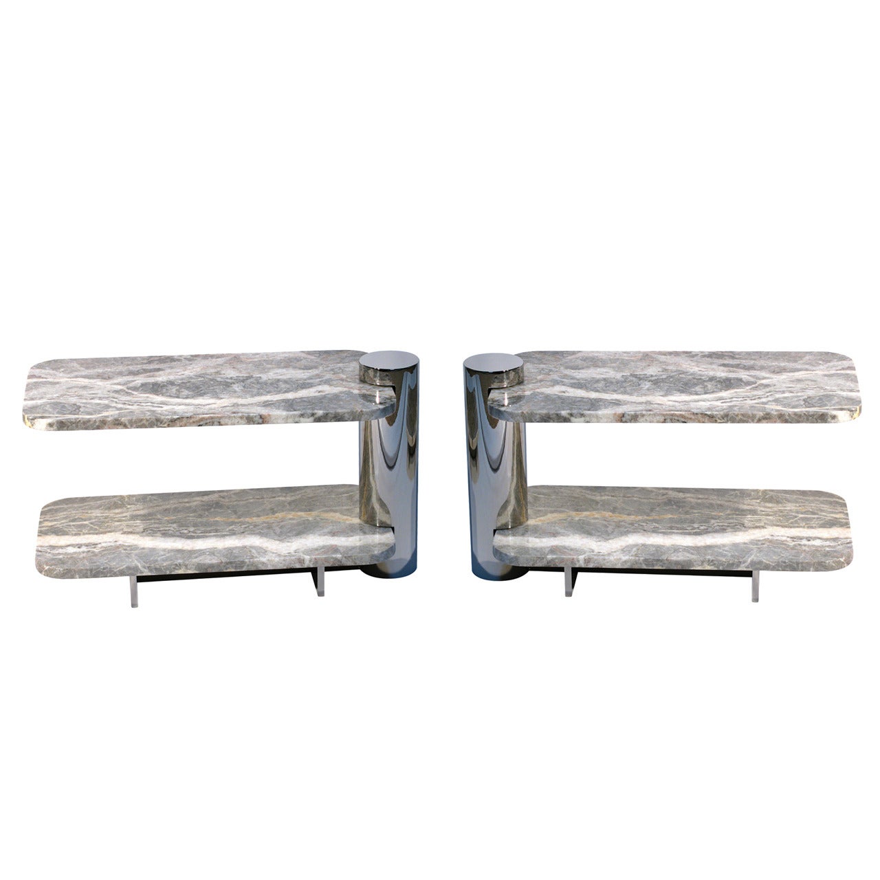 Cantilevered Marble and Polished Steel Side Tables by Brueton