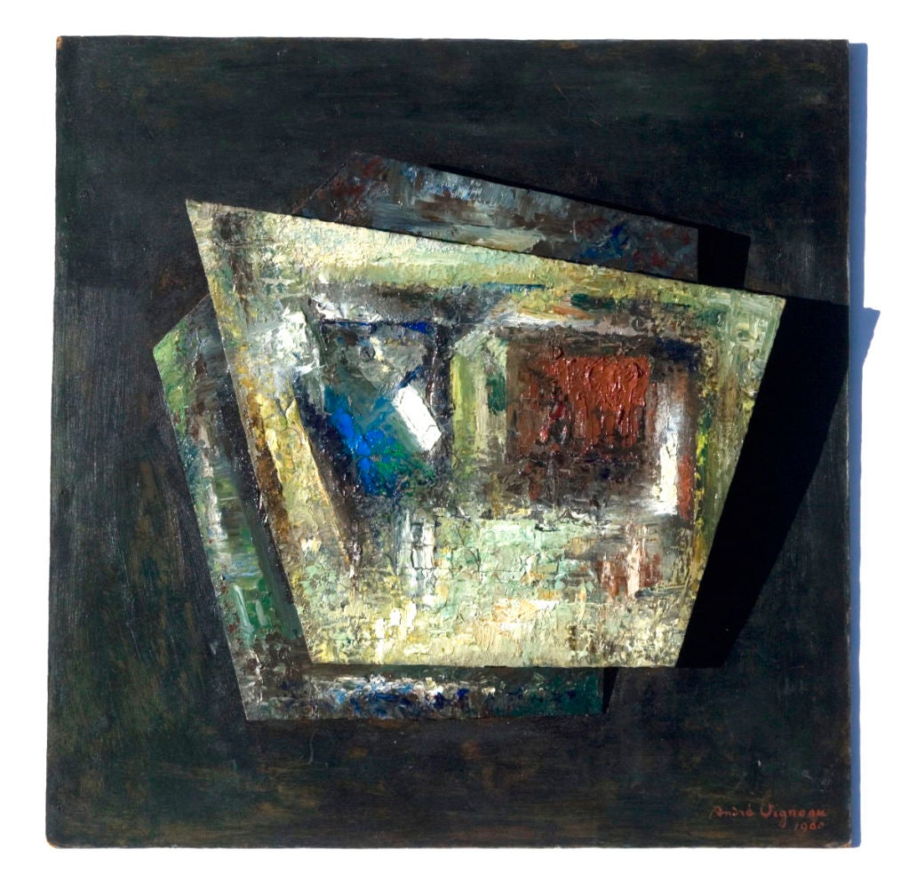 Assemblage by the French Modernist photographer, painter and multi media artist.<br />
<br />
Two painted metal pieces mounted on painted board.<br />
<br />
Signed lower right:<br />
Andre Vigneau<br />
1960<br />
<br />
Gifted student,
