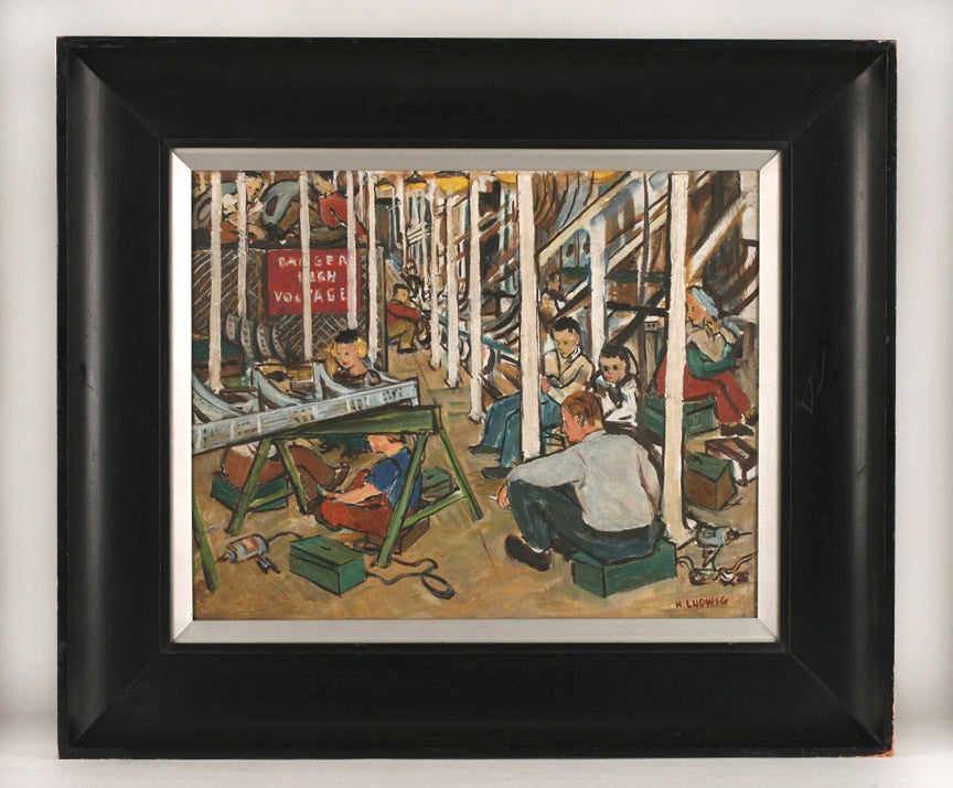 Attractive and historic WPA - World War II period painting of an  <br />
airplane factory in San Diego, California, by well-listed American  <br />
woman artist, Helen Ludwig (1911 - 2009 ).<br />
<br />
Oil on masonite, mounted in a heavy black