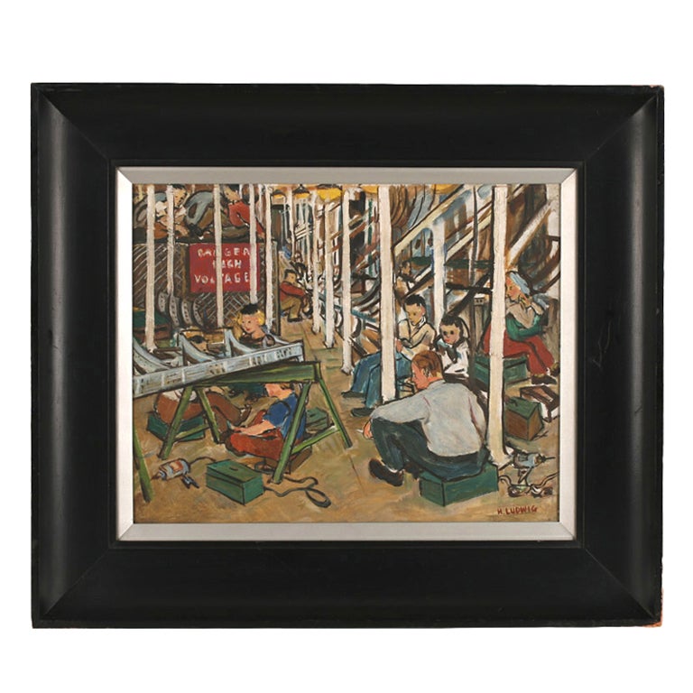 California WPA Painting "Airplane Factory" by Helen Ludwig For Sale