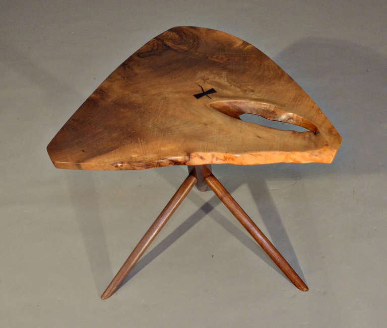 English walnut single board top with free-edge, rosewood butterfly and American black walnut base. Signed and dated 1984 - accompanied by a copy of the original drawing and invoice.