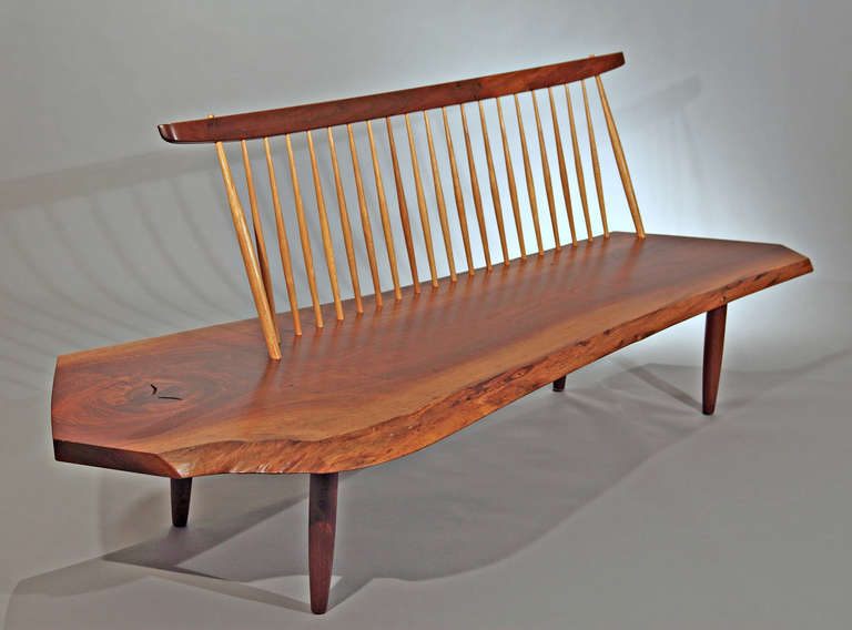 Highly figured and elegant Conoid bench, signed and dated by George Nakashima