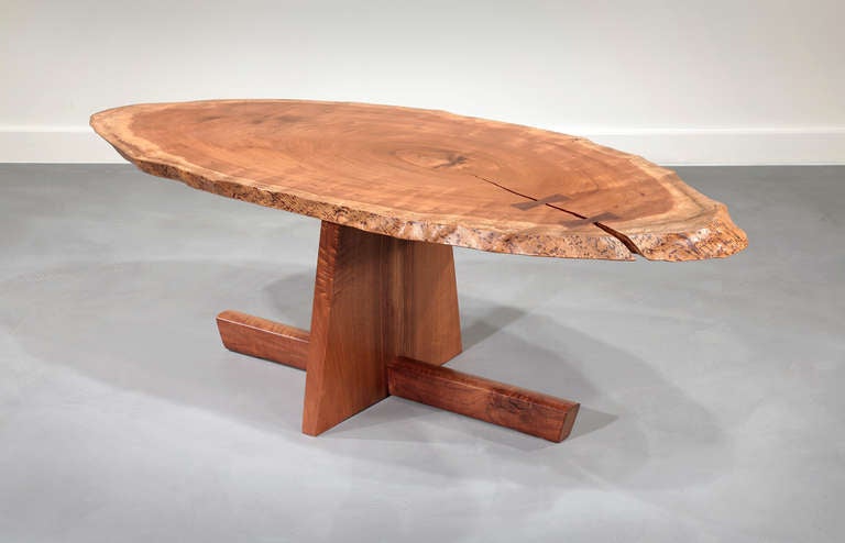 Extremely rare, diagonally crosscut top in an uncommon wood for Nakashima - oregon myrtle - with 2 walnut butterflies, 1974.