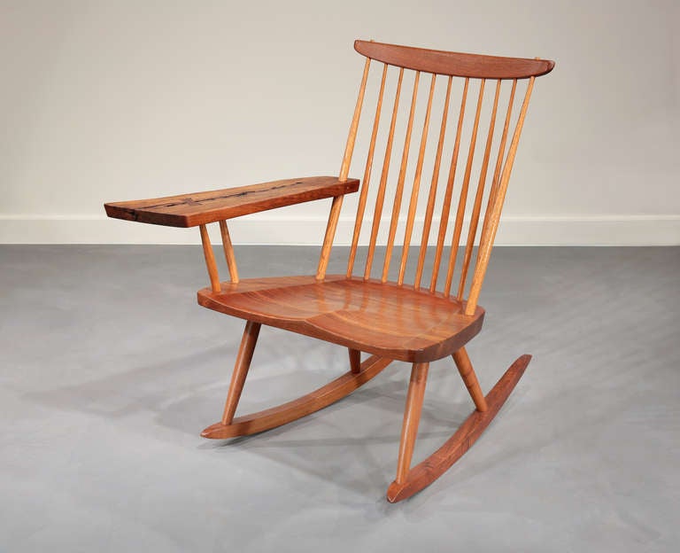Classic Nakashima rocking chair with very unique free form arm with rosewood butterfly