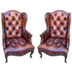 Vintage Pair of French Leather Tufted Bergeres C. 1930's