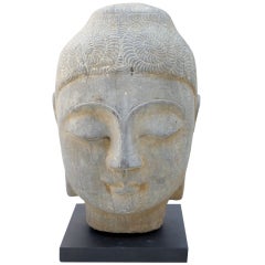 Antique Gray Stone Head of Buddha on Steel Base