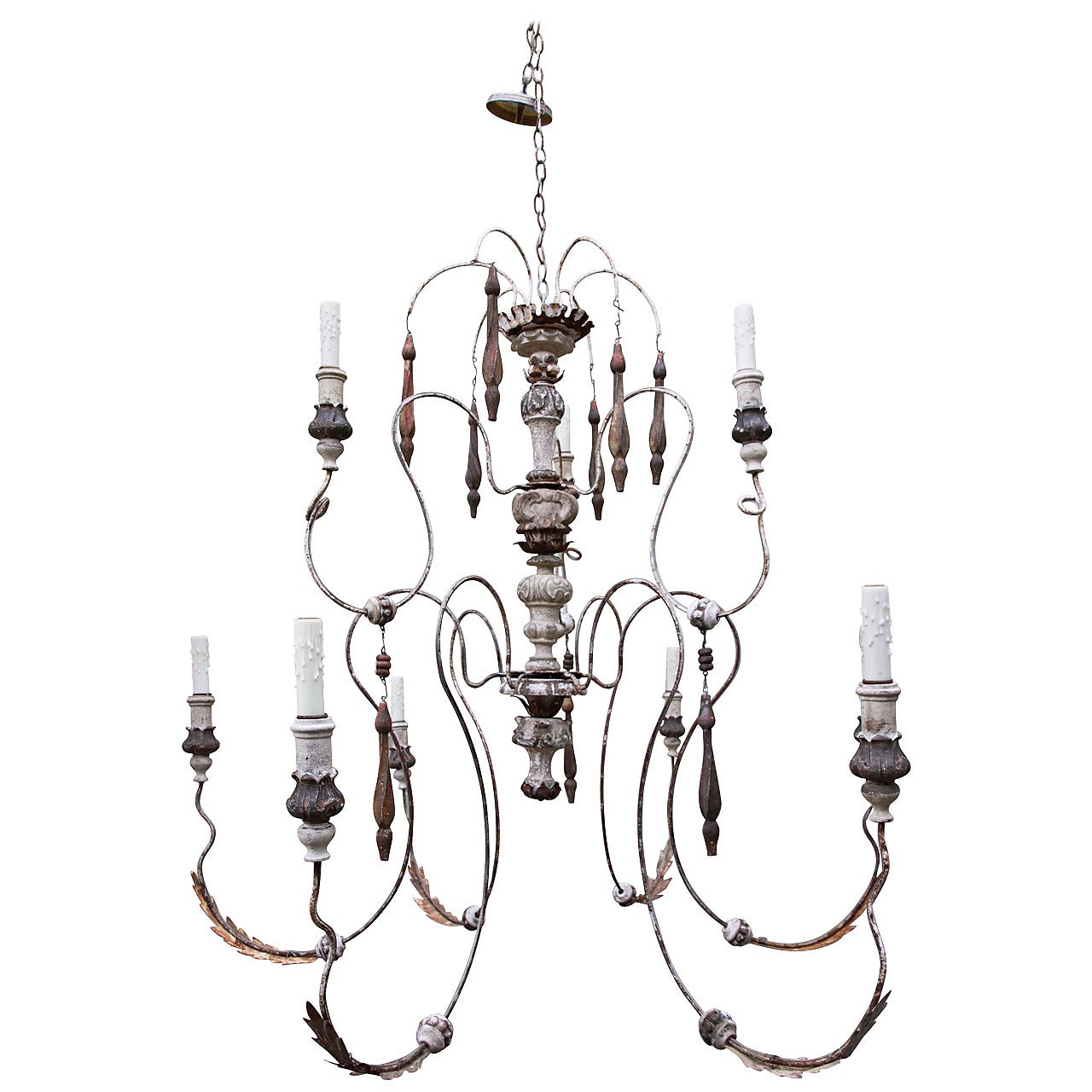 Nine-Light Italian Painted Chandelier with Wood Tassels