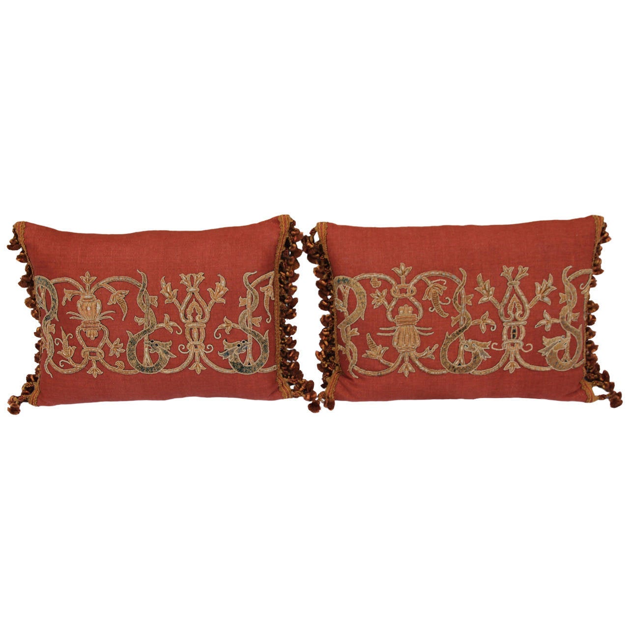 Pair of 19th Century Italian Appliqued Linen Pillows at 1stdibs