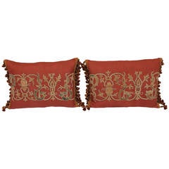 Antique Pair of 19th Century Italian Appliqued Linen Pillows