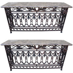 Pair of Spanish Revival Wrought Iron Consoles with Marble Top