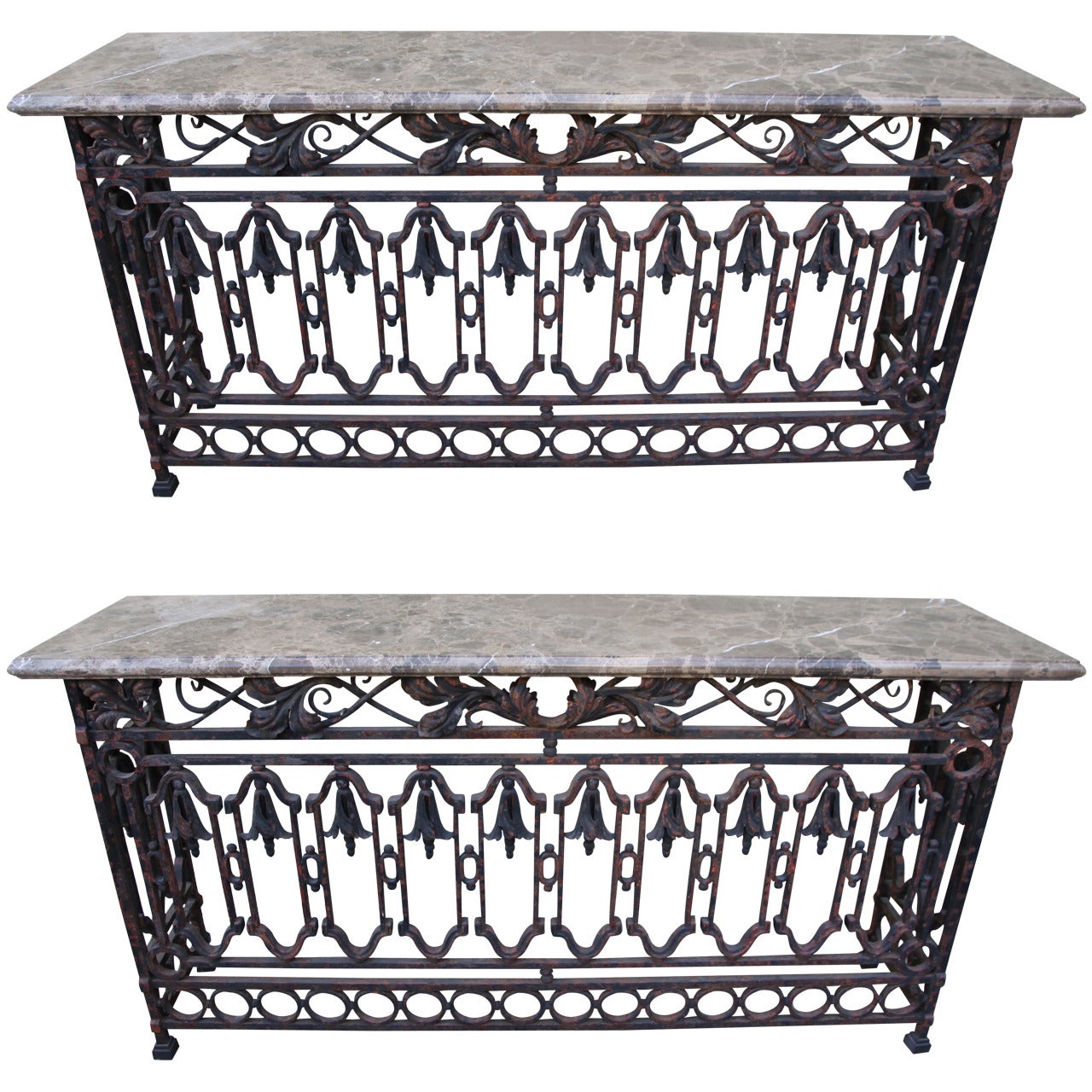 Pair of Spanish Revival Wrought Iron Consoles with Marble Top