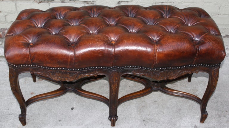Carved Leather Tufted Bench C. 1900