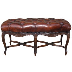 Carved Leather Tufted Bench C. 1900