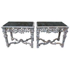 Pair of Italian Painted Carved Wood Consoles with Marble Tops Pair of Italian Painted Carved Wood Consoles with Marble Tops