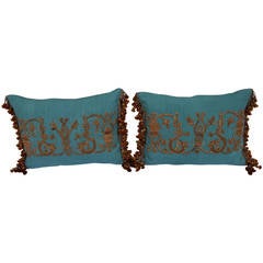 Pair of Appliqued Turquoise Linen Pillows