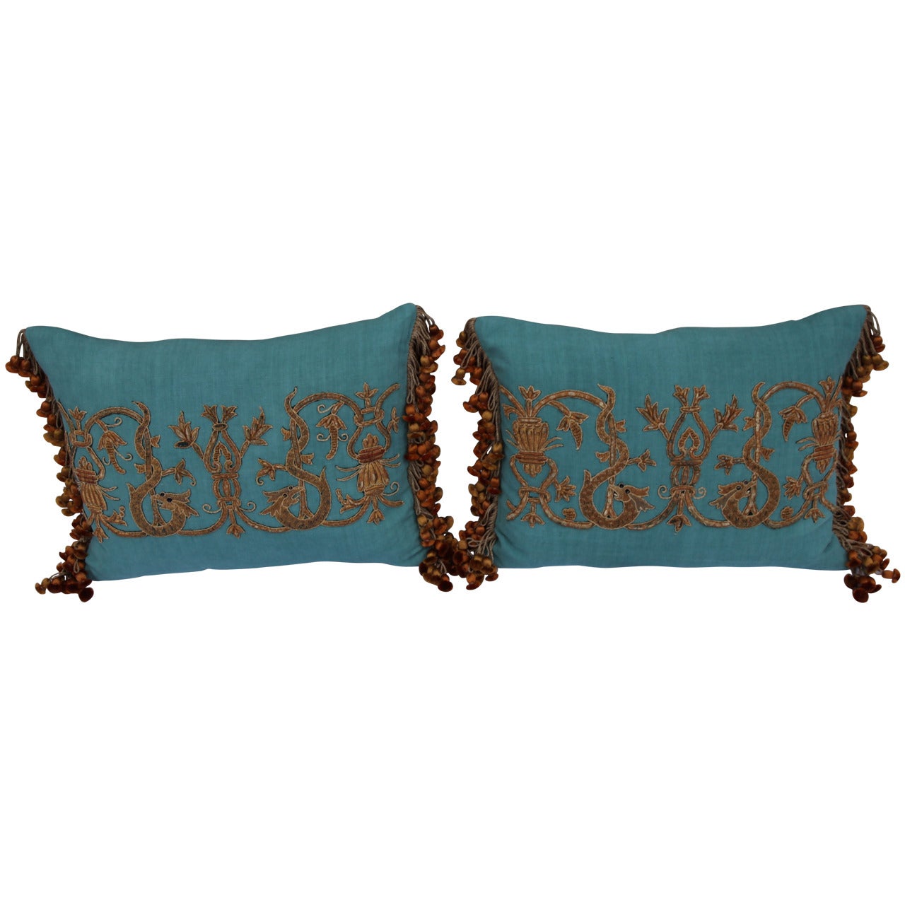 Pair of Appliqued Turquoise Linen Pillows