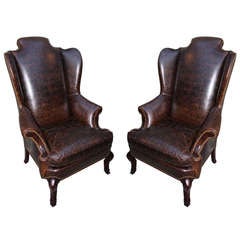 Pair of Monumental Embossed Leather Armchairs by Hickory