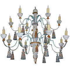Two Tier Monumental Carved Wood (12) Light Painted Tassel Chandelier