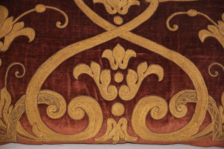 Rococo Appliqued Rust Velvet Pillow w/ Tassel Trim