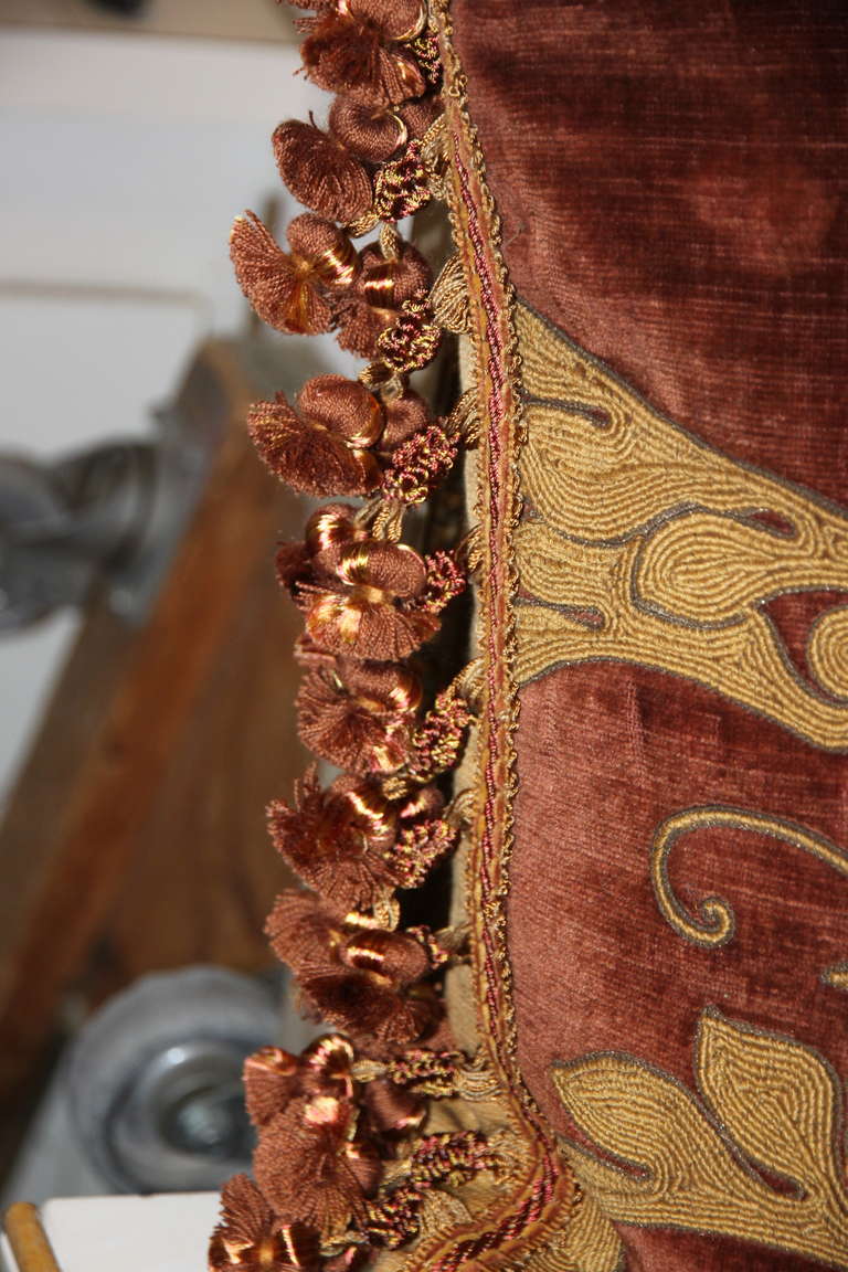 Appliqued Rust Velvet Pillow w/ Tassel Trim In Excellent Condition In Los Angeles, CA