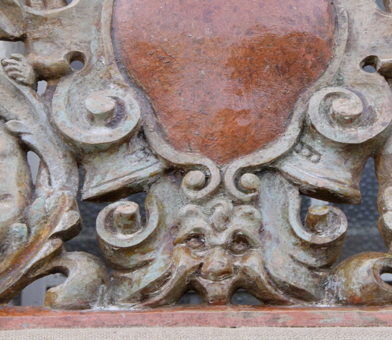 Italian Carved Cherub Burlap Upholstered Headboard