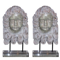 Pair of Carved Wood Cherubs on Lucite Bases