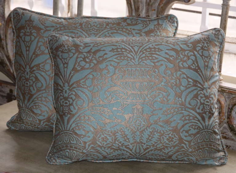 Aquamarine & Silvery Gold Fortuny Textile Pillow, Pair