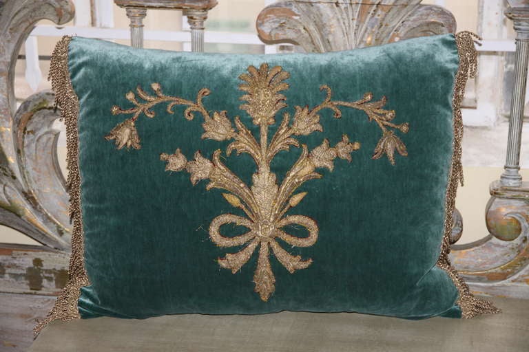 19th century metallic gold floral bouquet appliqued on blue velvet with metallic fringe detail and washed Belgium linen backs.