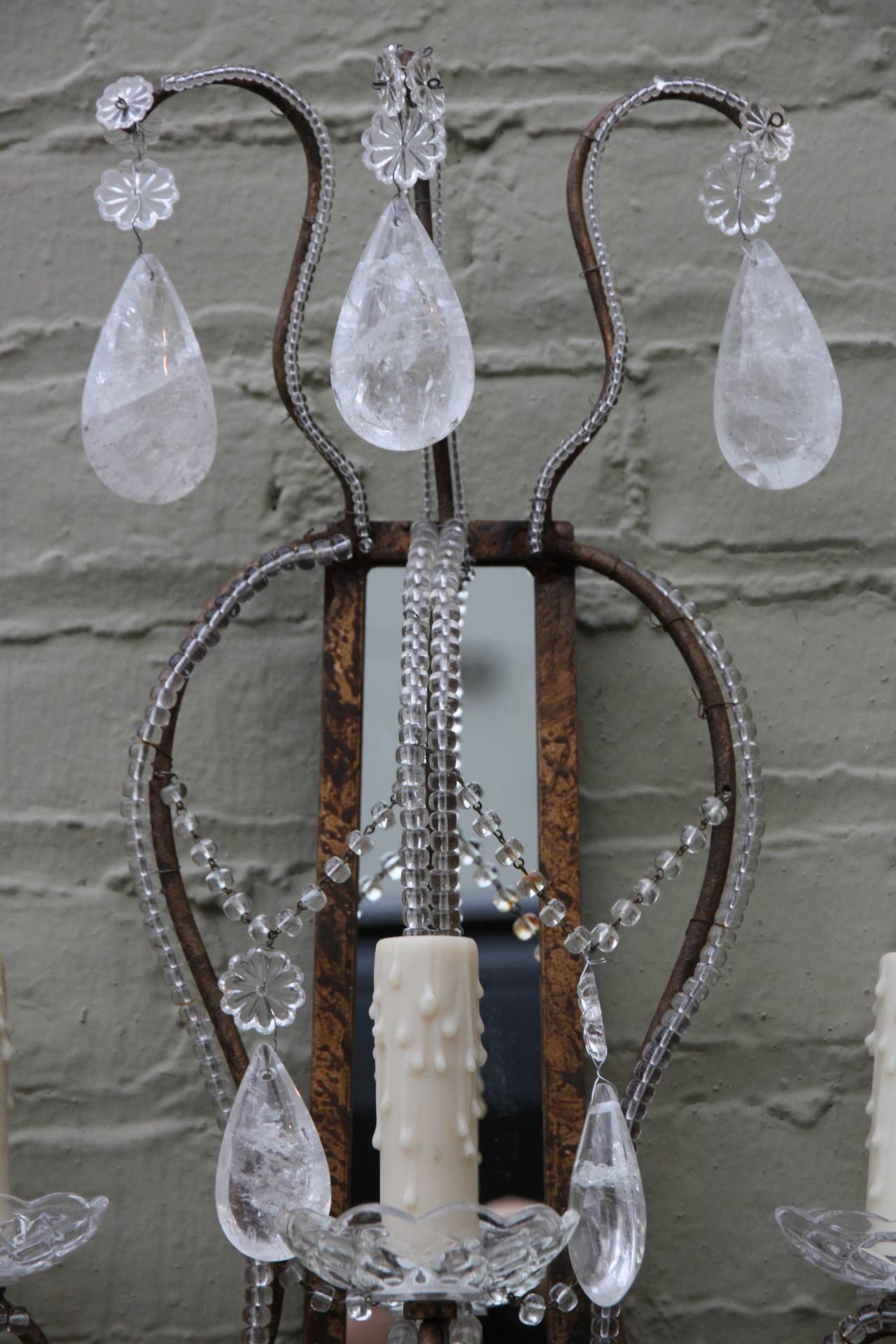Italian Pair of Mirrored Rock Crystal Sconces
