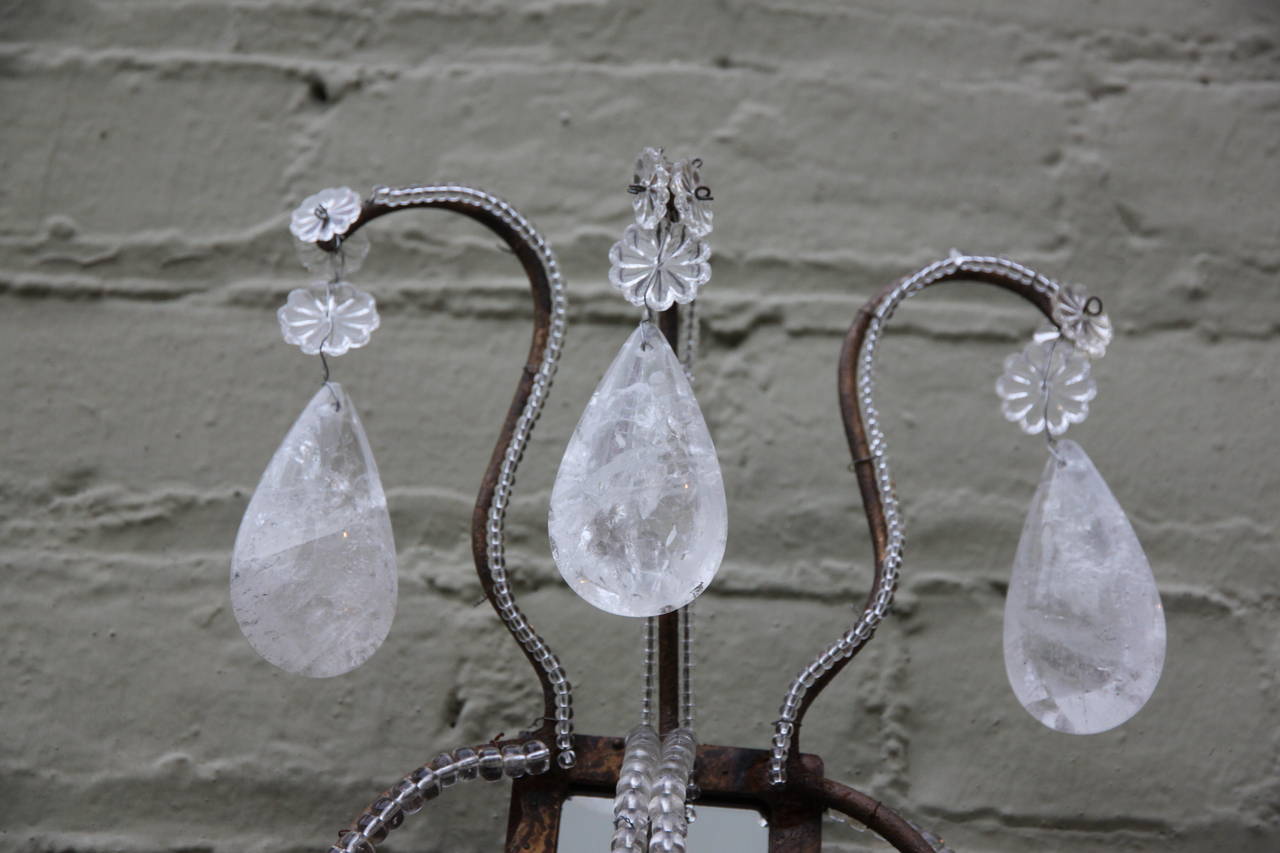 Wrought Iron Pair of Mirrored Rock Crystal Sconces
