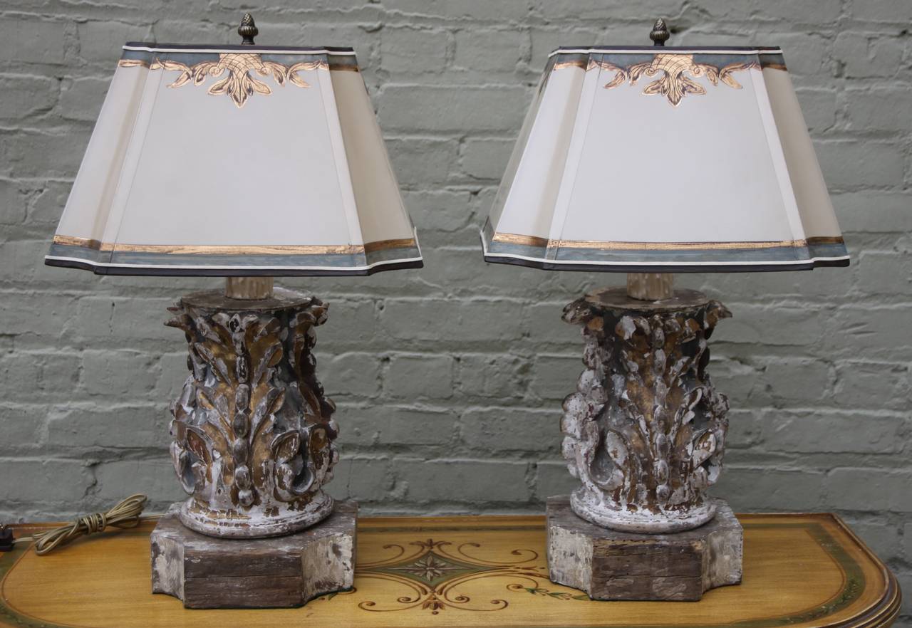 Pair of 19th century Italian lamps with hand-painted custom designed parchment shades. Newly wired with wax candles. In working condition.