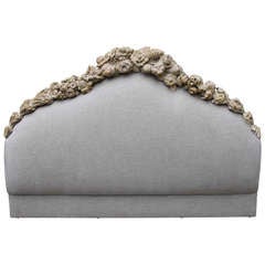 Italian Carved Headboard with Linen Upholstery