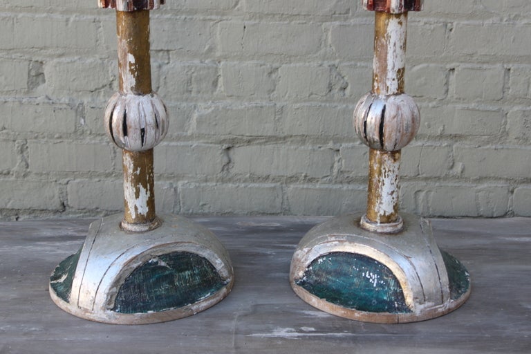 Carved Italian Painted & Silver Gilt Candleholders