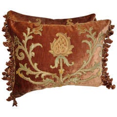 Antique Pair of Velvet Appliquéd Pillows