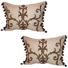 Antique Pair of French Metallic Appliqued Linen Pillows