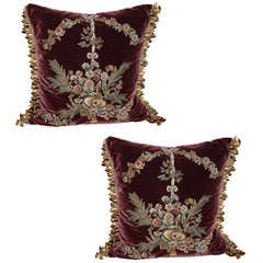 Pair of Silk Velvet Floral Appliqued Pillows with Silk Fringe