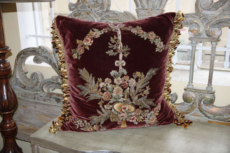 Pair of Silk Velvet Floral Appliqued Pillows with Silk Fringe