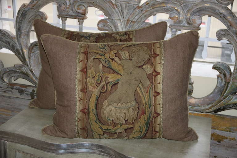 Pair of 18th Century Cherub Tapestry Pillows