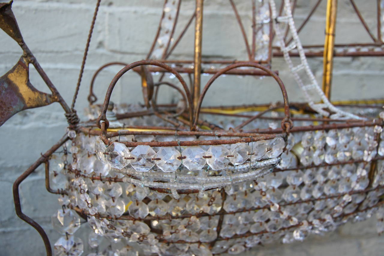 Brass Crystal Beaded Ship Chandelier, circa 1930s