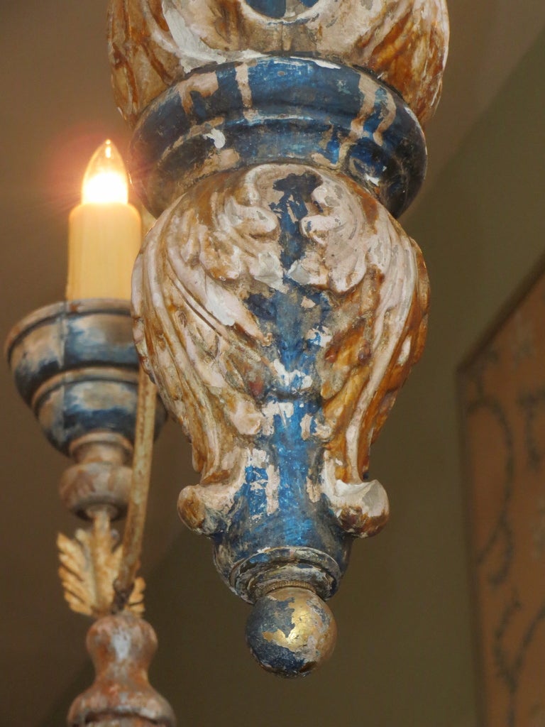 Monumental Carved  Painted Tassel Chandelier In Distressed Condition In Los Angeles, CA
