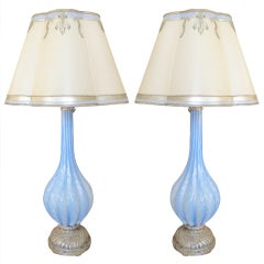 Pair of Blue & Silver Murano Lamps with Parchment Shades