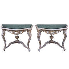 Pair of French Painted Marble Top Consoles