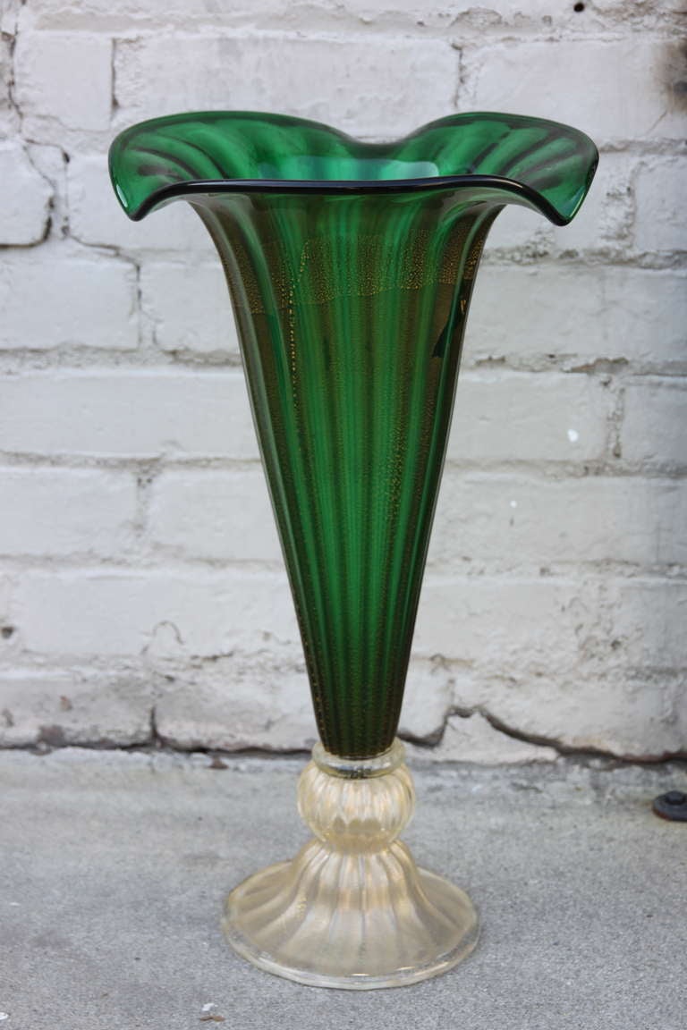 Monumental green & gold speckled Italian Murano Glass vase.